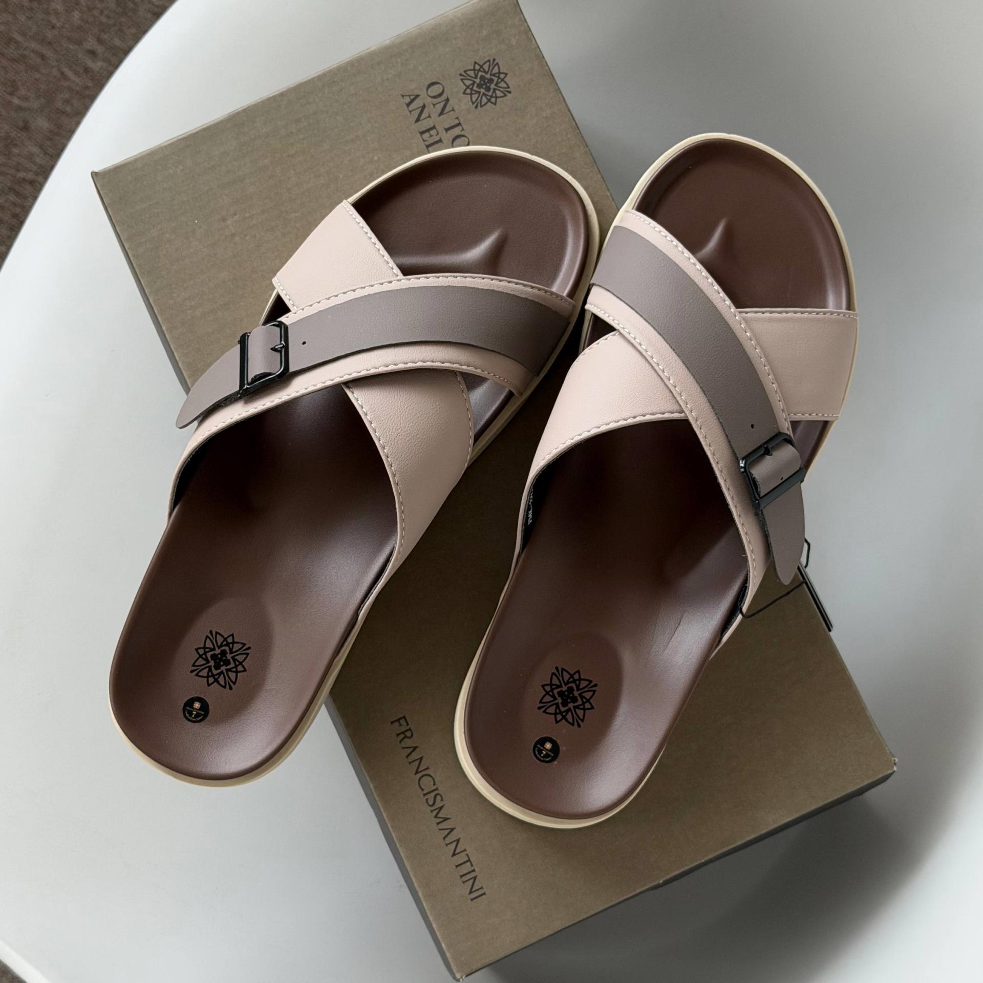 Dép Francis Mantini Darrel Premier Cross Strap Leather Cream Brown - Ảnh 7
