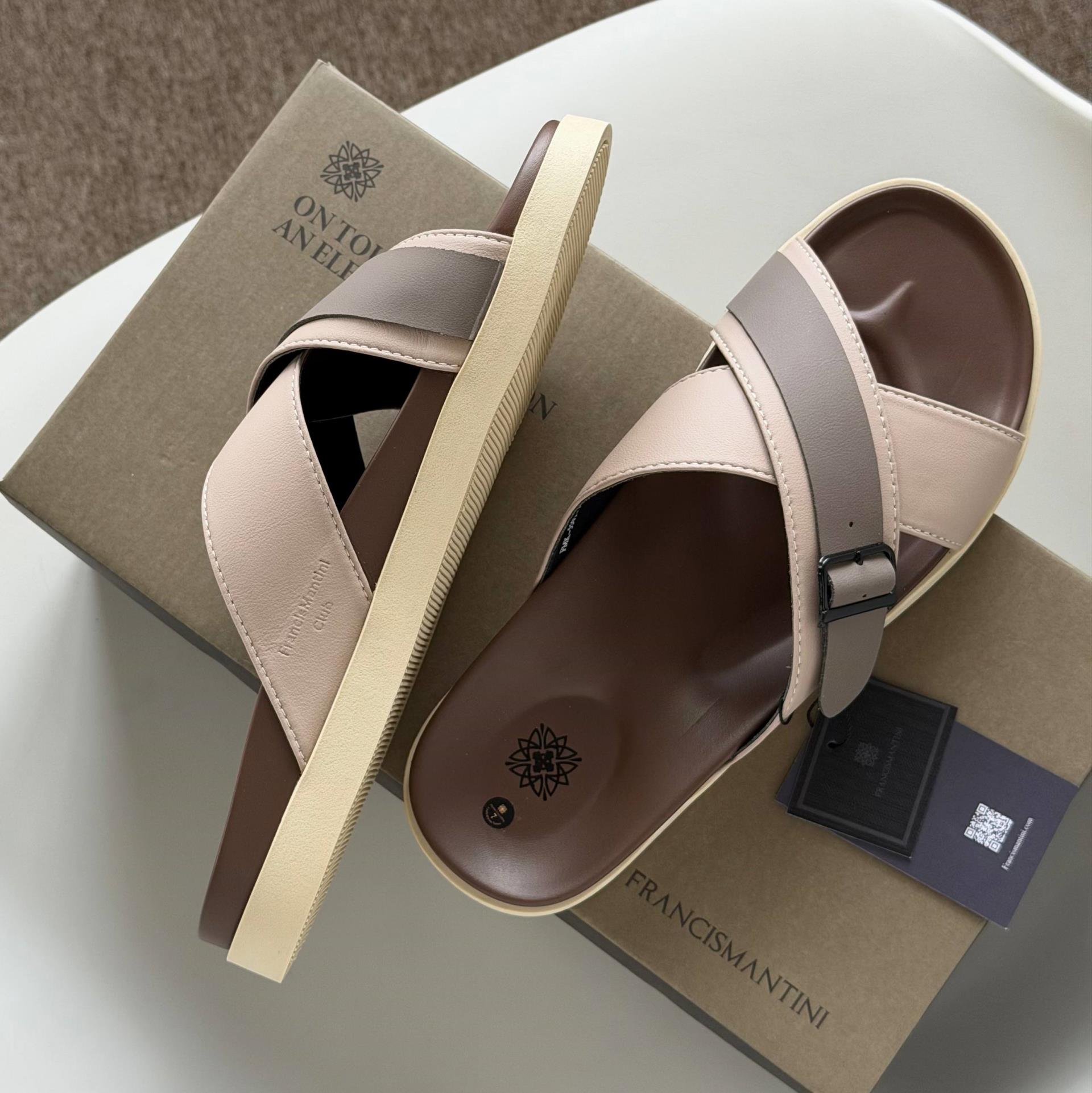 Dép Francis Mantini Darrel Premier Cross Strap Leather Cream Brown - Ảnh 6
