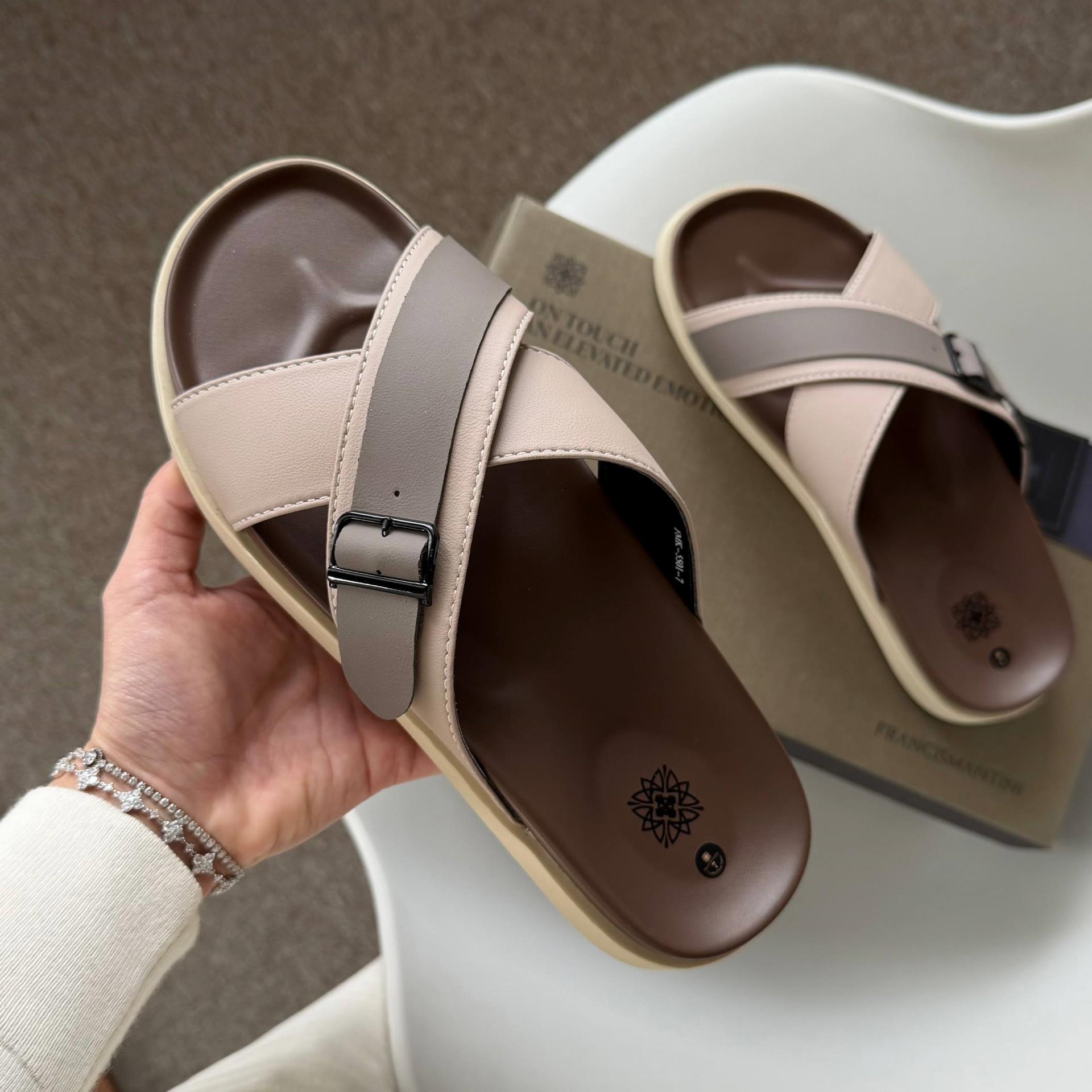 Dép Francis Mantini Darrel Premier Cross Strap Leather Cream Brown - Ảnh 9
