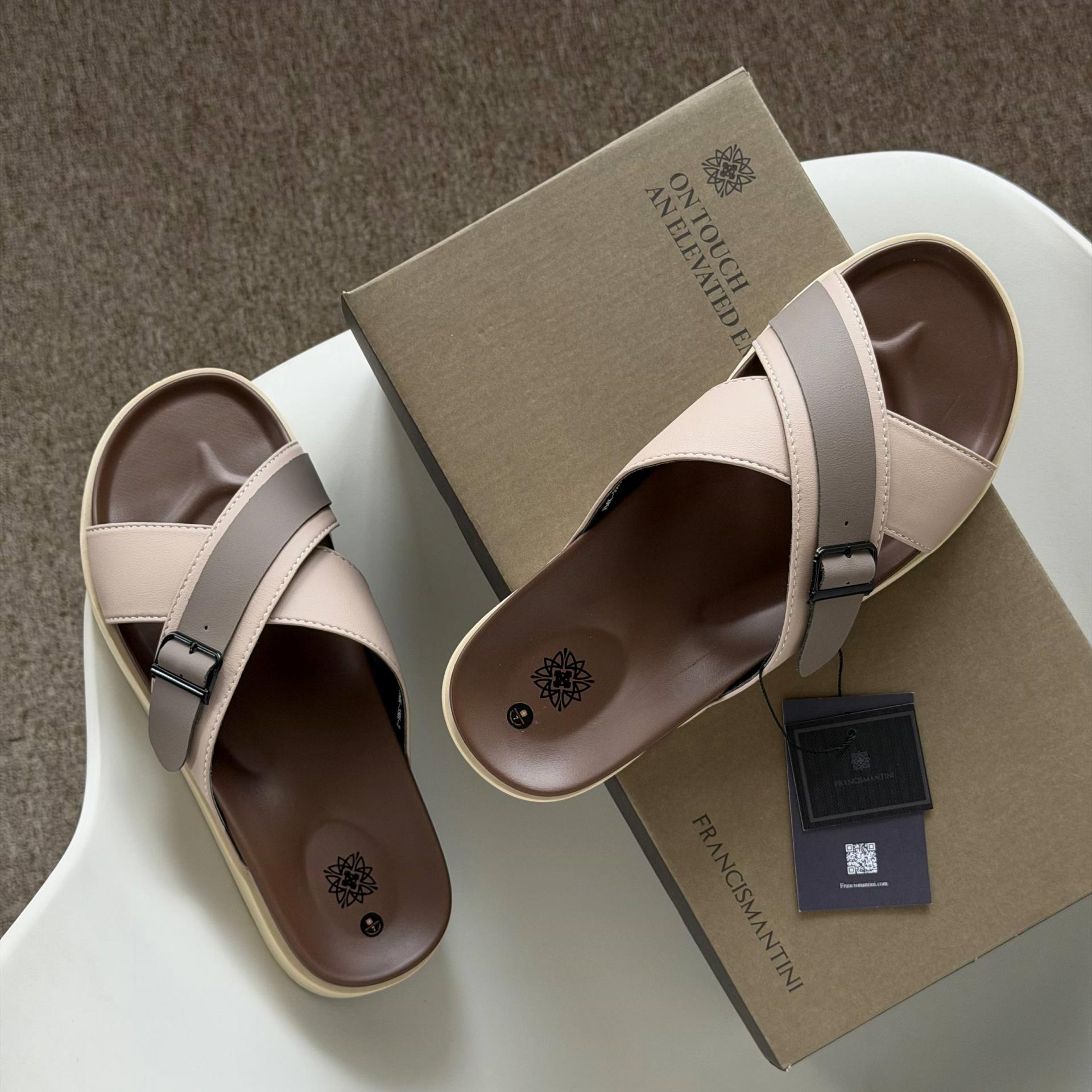 Dép Francis Mantini Darrel Premier Cross Strap Leather Cream Brown - Ảnh 4