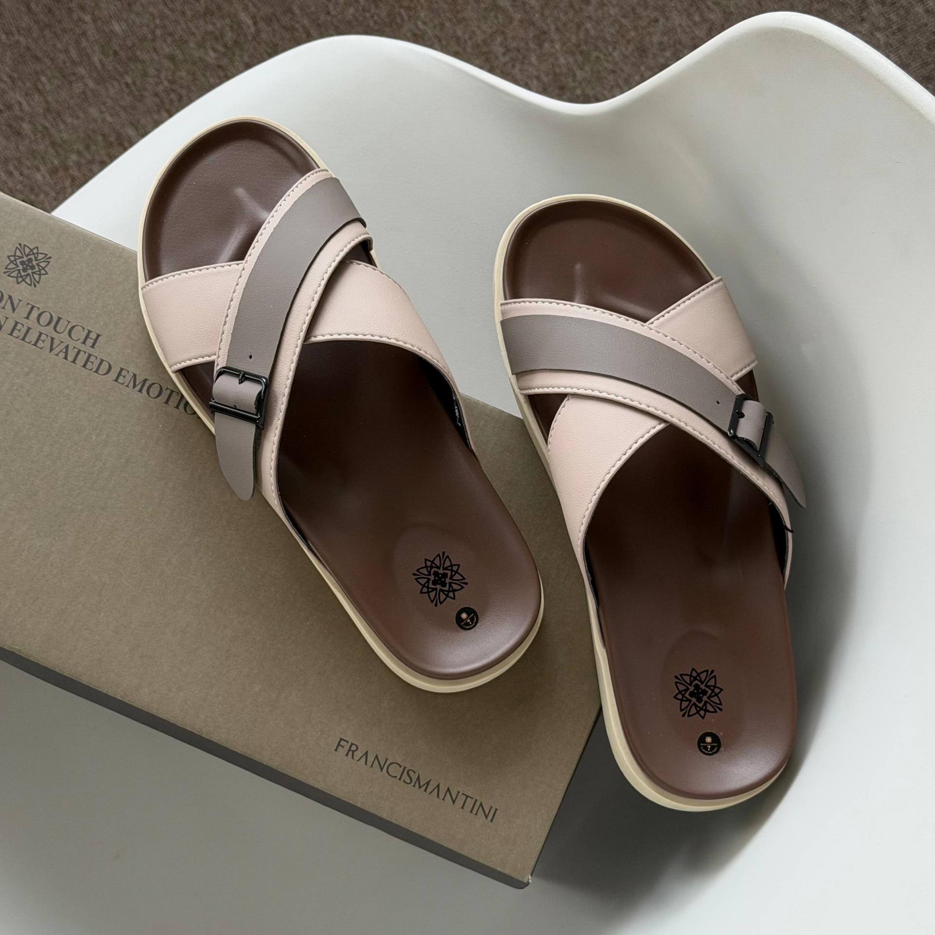 Dép Francis Mantini Darrel Premier Cross Strap Leather Cream Brown - Ảnh 5