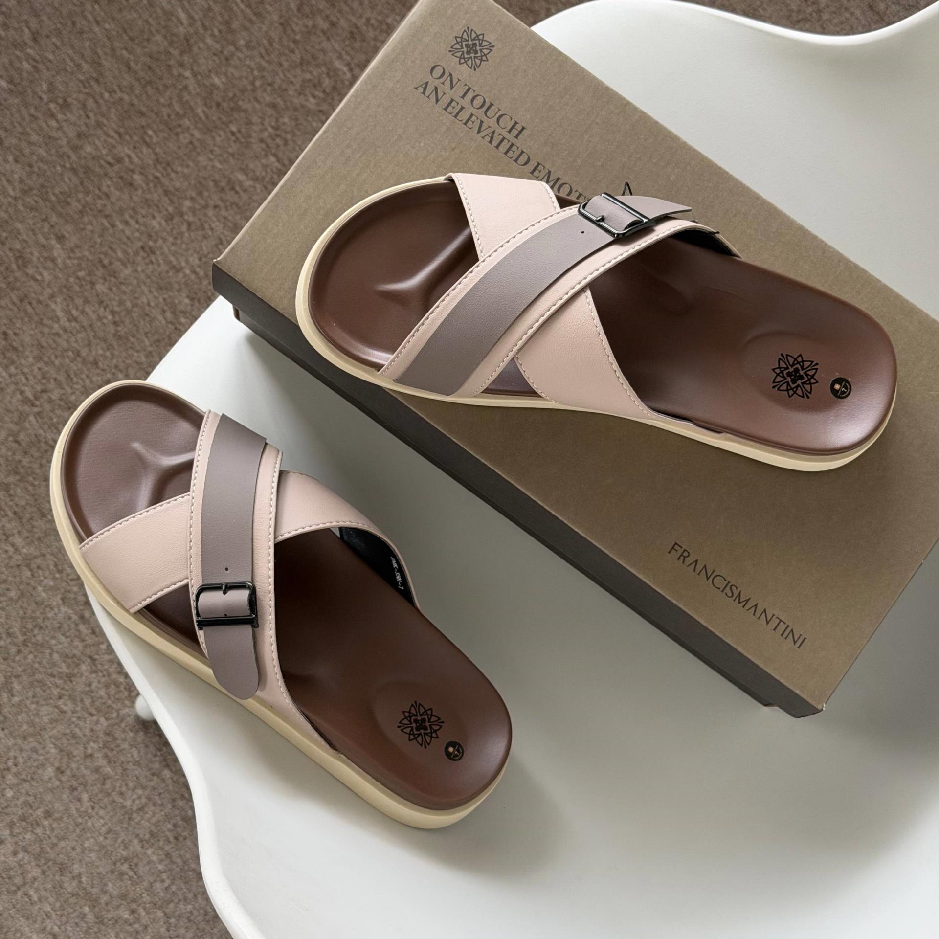 Dép Francis Mantini Darrel Premier Cross Strap Leather Cream Brown - Ảnh 3