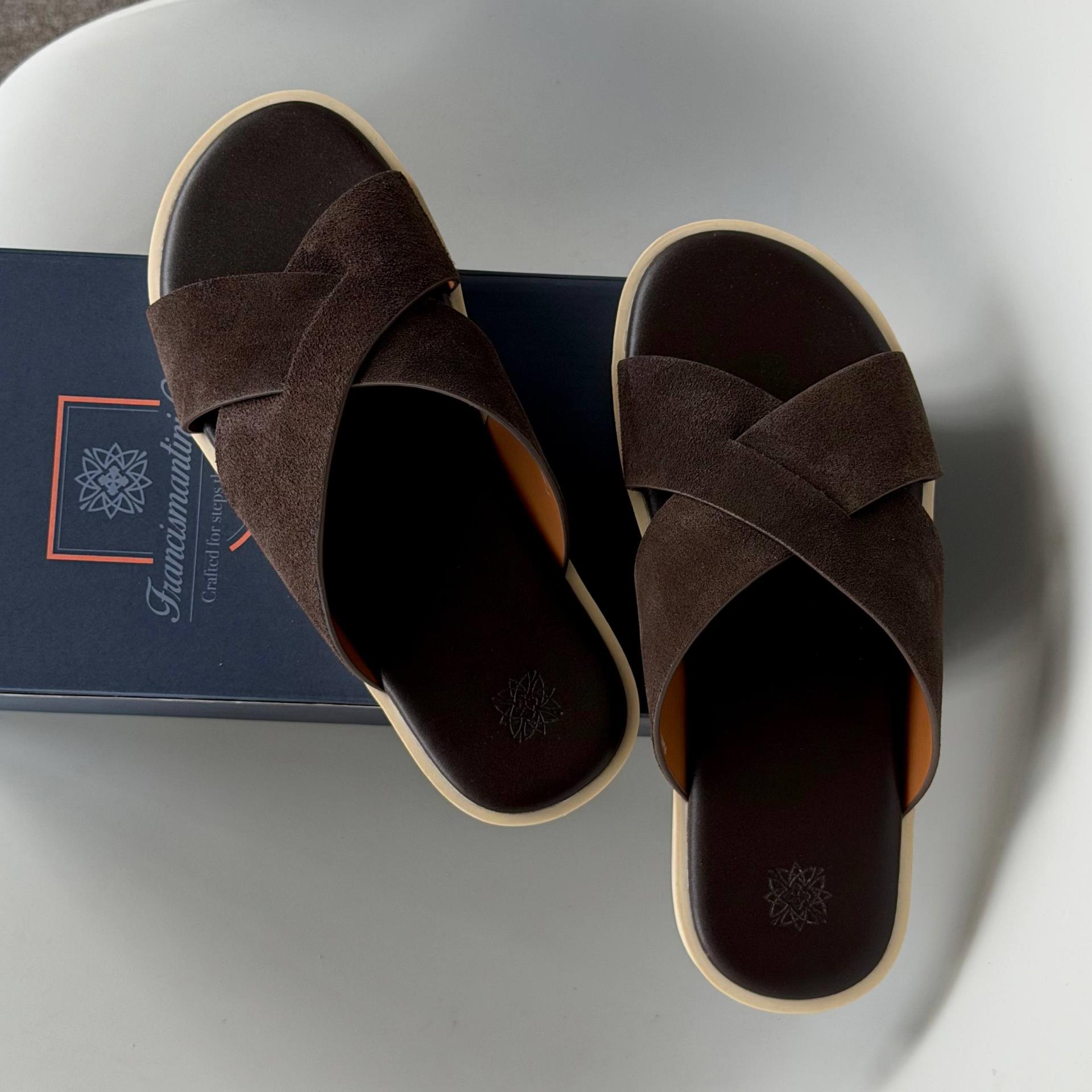 Dép Francis Mantini Nantucket Cross Strap Suede Dark Brown - YYY - Ảnh 4