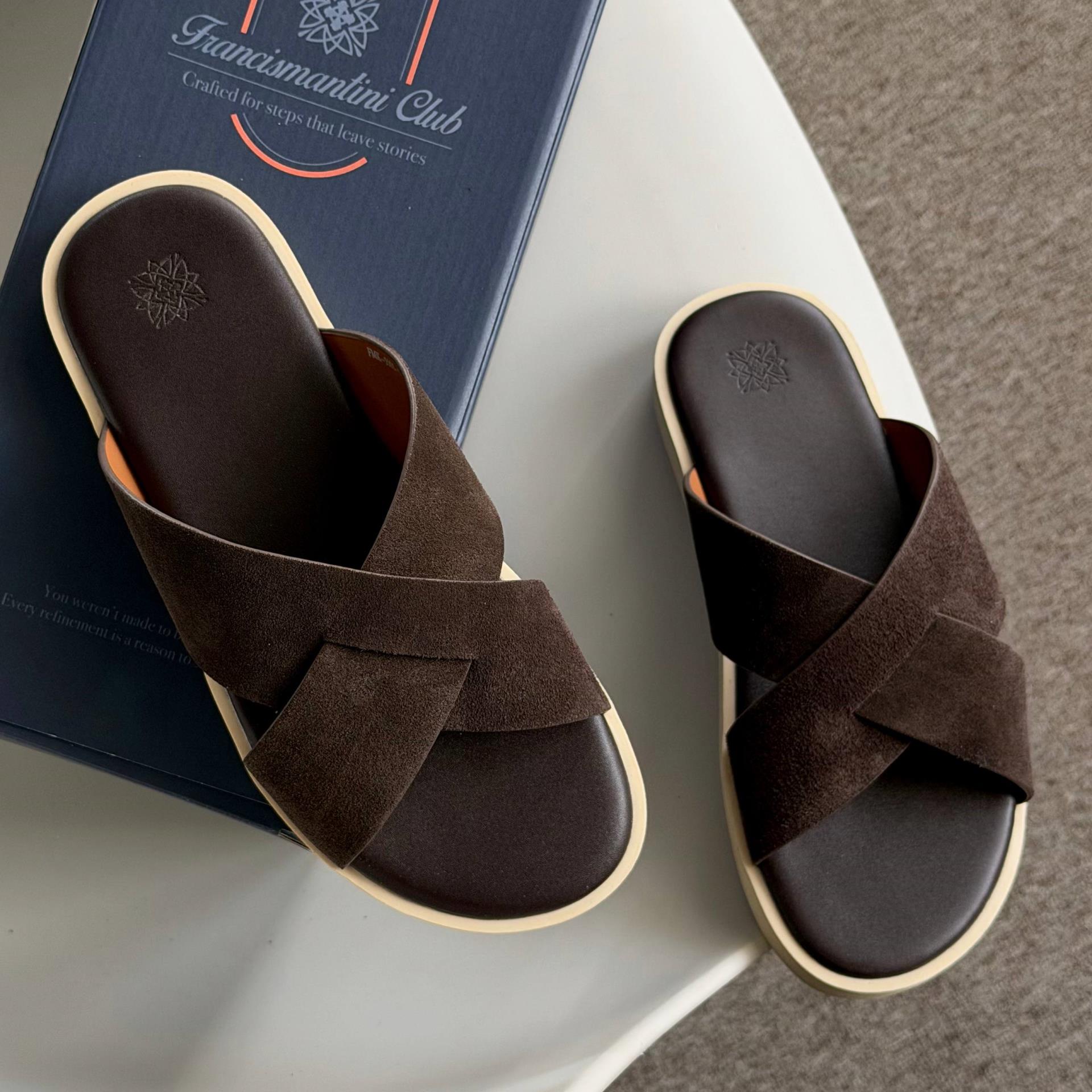 Dép Francis Mantini Nantucket Cross Strap Suede Dark Brown - YYY - Ảnh 5